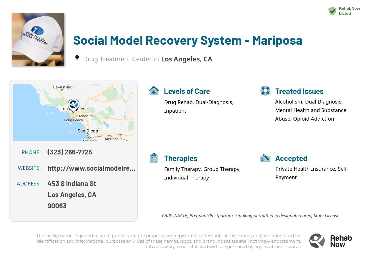 Helpful reference information for Social Model Recovery System - Mariposa, a drug treatment center in California located at: 453 S Indiana St, Los Angeles, CA 90063, including phone numbers, official website, and more. Listed briefly is an overview of Levels of Care, Therapies Offered, Issues Treated, and accepted forms of Payment Methods.