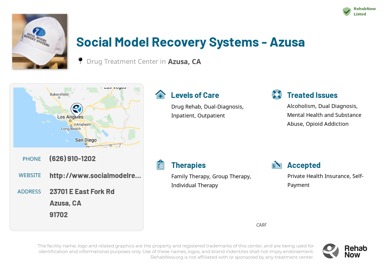 Helpful reference information for Social Model Recovery Systems - Azusa, a drug treatment center in California located at: 23701 E East Fork Rd, Azusa, CA 91702, including phone numbers, official website, and more. Listed briefly is an overview of Levels of Care, Therapies Offered, Issues Treated, and accepted forms of Payment Methods.