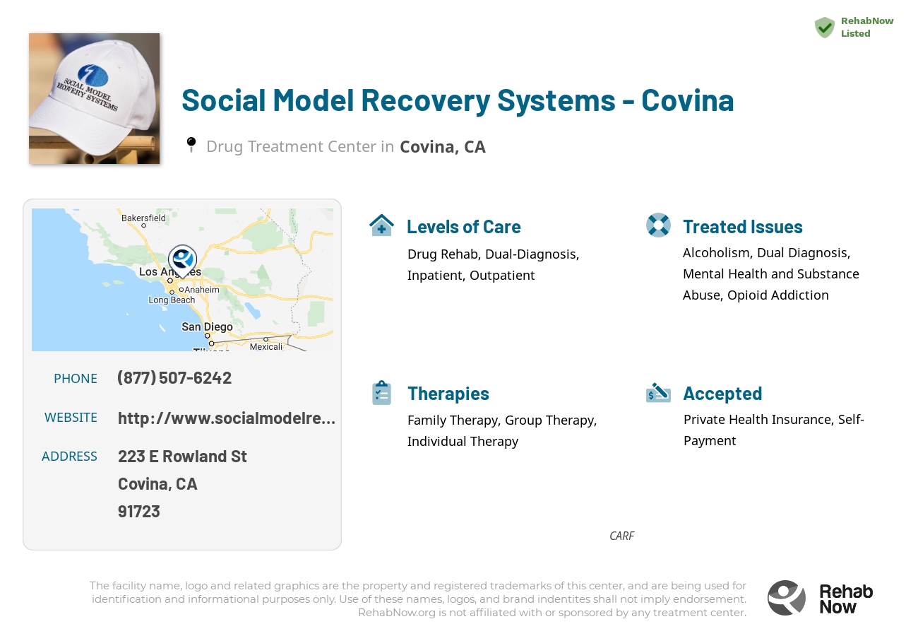 Helpful reference information for Social Model Recovery Systems - Covina, a drug treatment center in California located at: 223 E Rowland St, Covina, CA 91723, including phone numbers, official website, and more. Listed briefly is an overview of Levels of Care, Therapies Offered, Issues Treated, and accepted forms of Payment Methods.