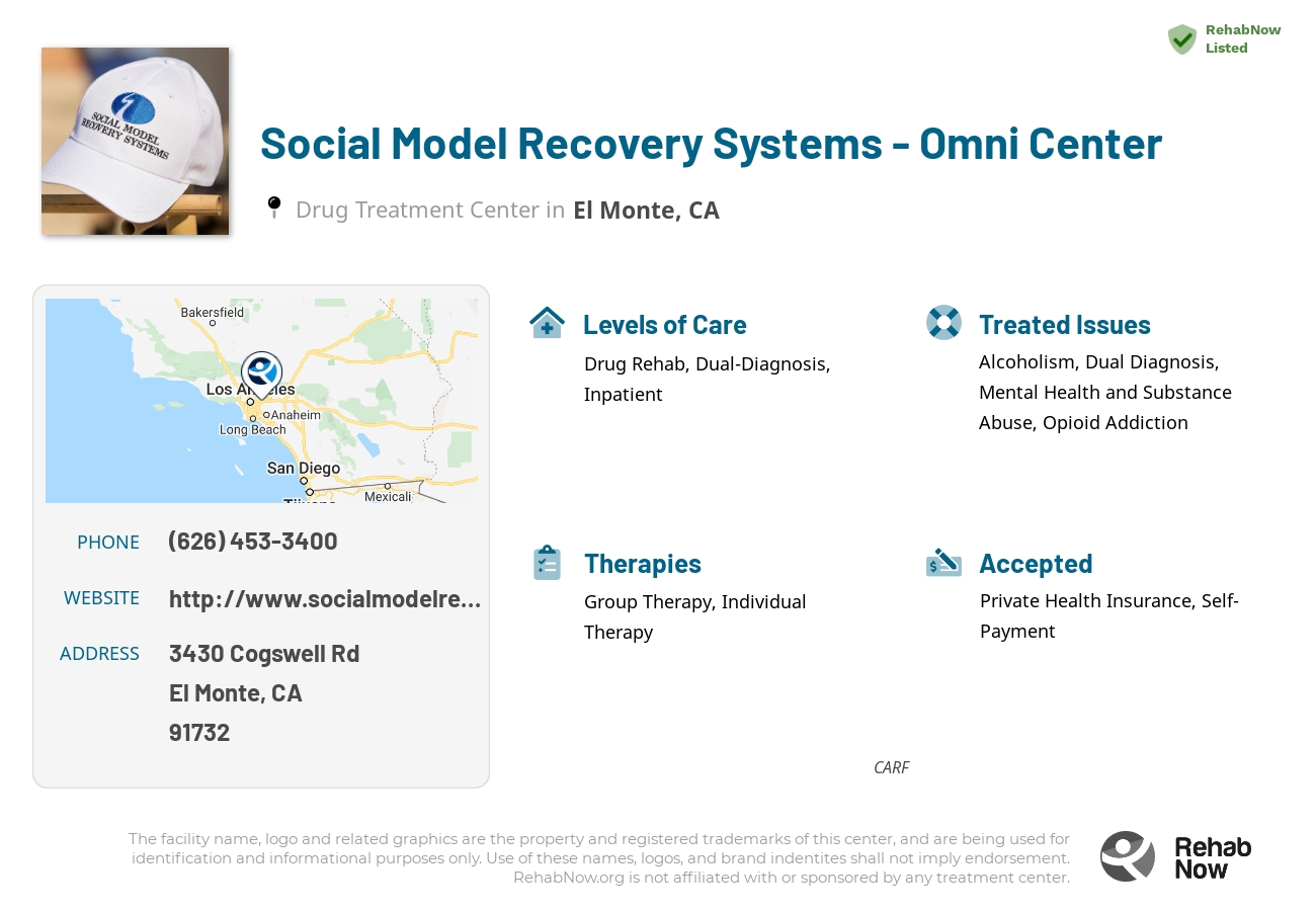 Helpful reference information for Social Model Recovery Systems - Omni Center, a drug treatment center in California located at: 3430 Cogswell Rd, El Monte, CA 91732, including phone numbers, official website, and more. Listed briefly is an overview of Levels of Care, Therapies Offered, Issues Treated, and accepted forms of Payment Methods.