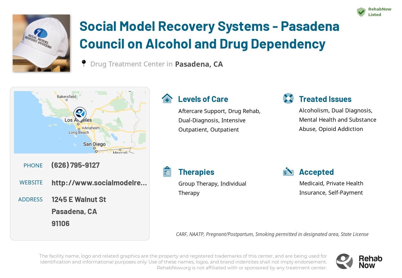 Helpful reference information for Social Model Recovery Systems - Pasadena Council on Alcohol and Drug Dependency, a drug treatment center in California located at: 1245 E Walnut St, Pasadena, CA 91106, including phone numbers, official website, and more. Listed briefly is an overview of Levels of Care, Therapies Offered, Issues Treated, and accepted forms of Payment Methods.