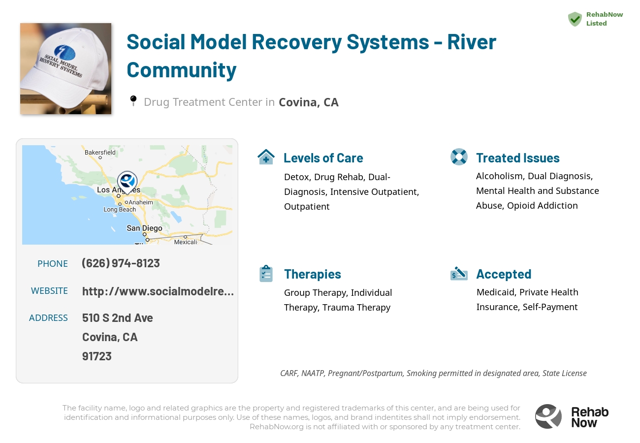 Helpful reference information for Social Model Recovery Systems - River Community, a drug treatment center in California located at: 510 S 2nd Ave, Covina, CA 91723, including phone numbers, official website, and more. Listed briefly is an overview of Levels of Care, Therapies Offered, Issues Treated, and accepted forms of Payment Methods.