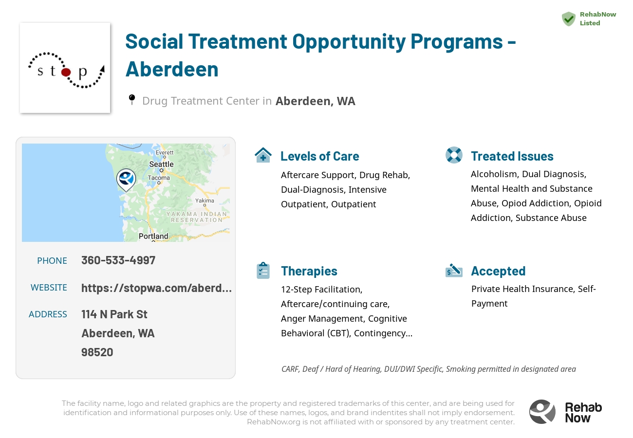 Helpful reference information for Social Treatment Opportunity Programs - Aberdeen, a drug treatment center in Washington located at: 114 N Park St, Aberdeen, WA 98520, including phone numbers, official website, and more. Listed briefly is an overview of Levels of Care, Therapies Offered, Issues Treated, and accepted forms of Payment Methods.