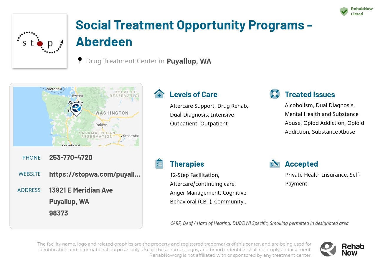 Helpful reference information for Social Treatment Opportunity Programs - Aberdeen, a drug treatment center in Washington located at: 13921 E Meridian Ave, Puyallup, WA 98373, including phone numbers, official website, and more. Listed briefly is an overview of Levels of Care, Therapies Offered, Issues Treated, and accepted forms of Payment Methods.