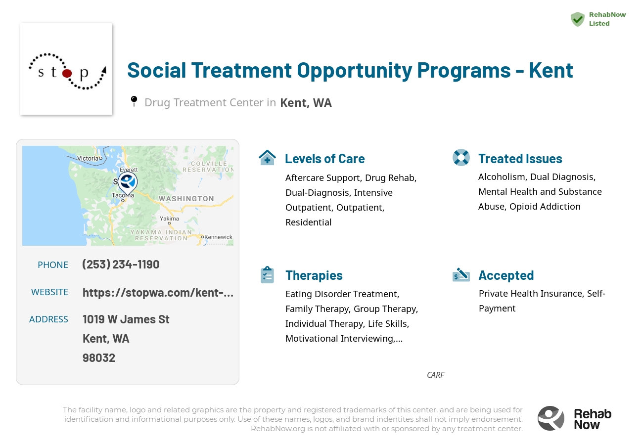 Helpful reference information for Social Treatment Opportunity Programs - Kent, a drug treatment center in Washington located at: 1019 W James St, Kent, WA 98032, including phone numbers, official website, and more. Listed briefly is an overview of Levels of Care, Therapies Offered, Issues Treated, and accepted forms of Payment Methods.