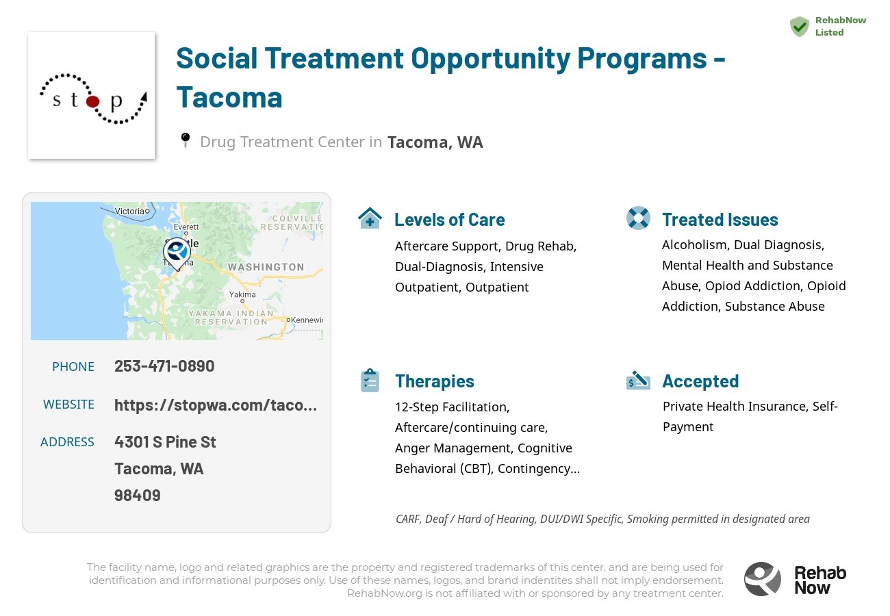 Helpful reference information for Social Treatment Opportunity Programs - Tacoma, a drug treatment center in Washington located at: 4301 S Pine St, Tacoma, WA 98409, including phone numbers, official website, and more. Listed briefly is an overview of Levels of Care, Therapies Offered, Issues Treated, and accepted forms of Payment Methods.