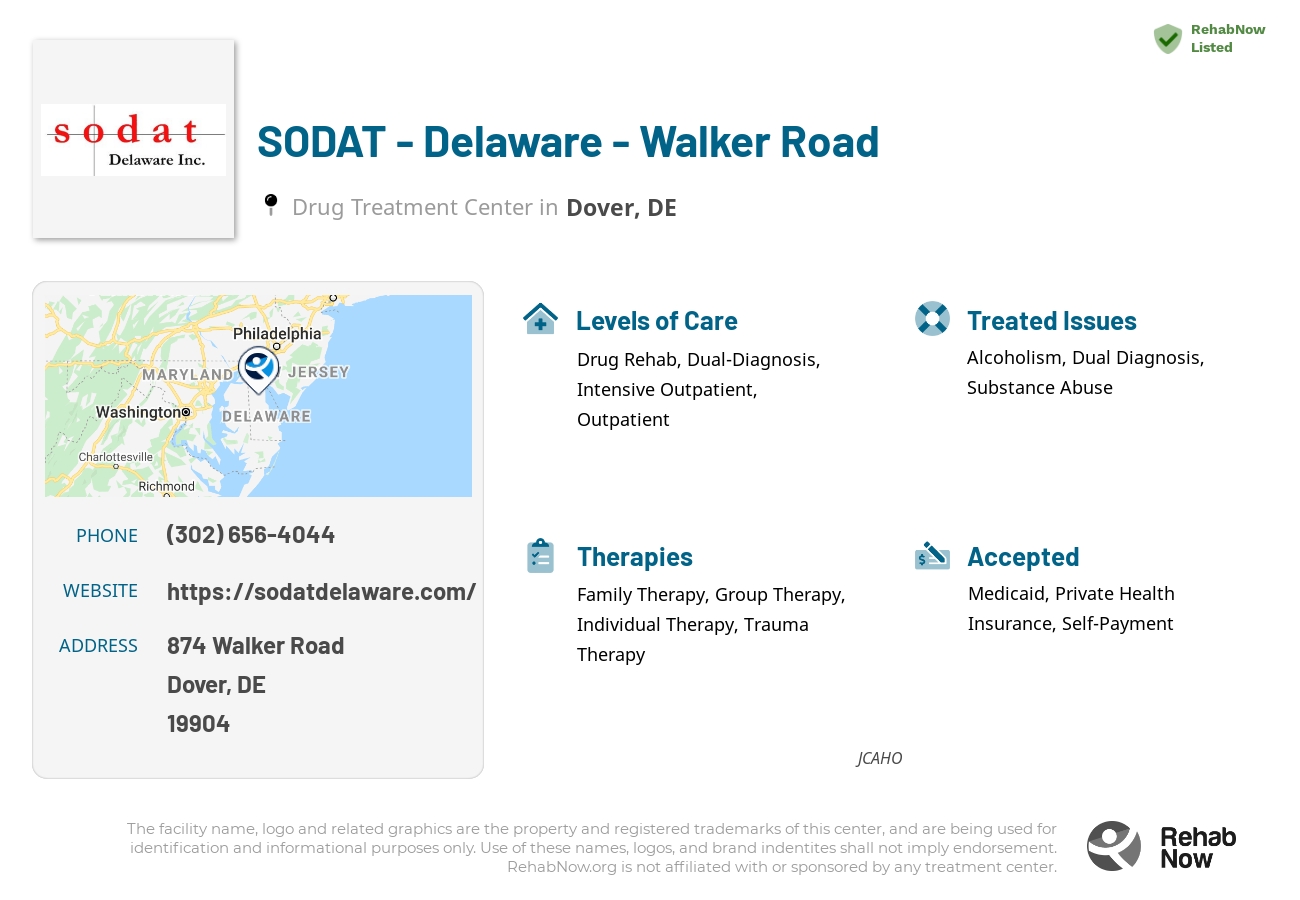 Helpful reference information for SODAT - Delaware - Walker Road, a drug treatment center in Delaware located at: 874 Walker Road, Dover, DE, 19904, including phone numbers, official website, and more. Listed briefly is an overview of Levels of Care, Therapies Offered, Issues Treated, and accepted forms of Payment Methods.