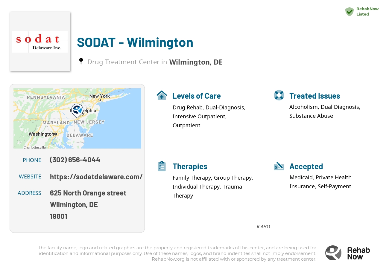 Helpful reference information for SODAT - Wilmington, a drug treatment center in Delaware located at: 625 North Orange street, Wilmington, DE, 19801, including phone numbers, official website, and more. Listed briefly is an overview of Levels of Care, Therapies Offered, Issues Treated, and accepted forms of Payment Methods.