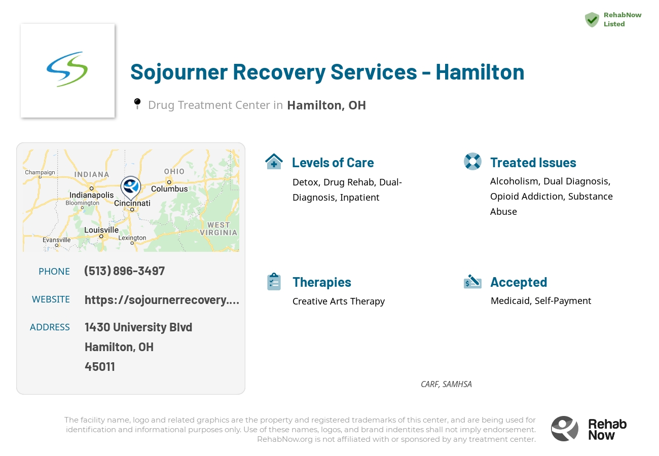 Helpful reference information for Sojourner Recovery Services - Hamilton, a drug treatment center in Ohio located at: 1430 University Blvd, Hamilton, OH 45011, including phone numbers, official website, and more. Listed briefly is an overview of Levels of Care, Therapies Offered, Issues Treated, and accepted forms of Payment Methods.