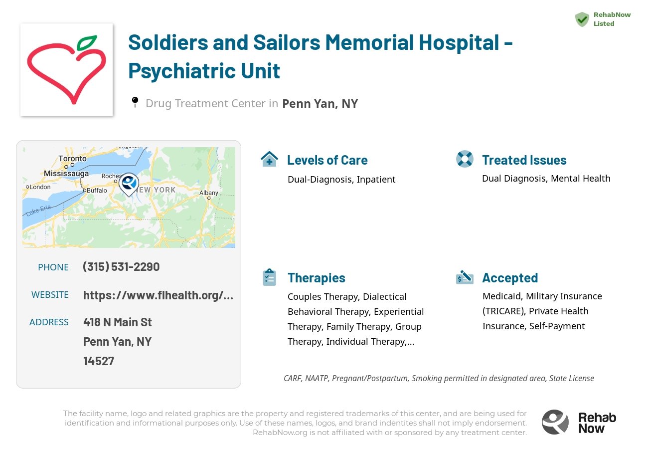 Helpful reference information for Soldiers and Sailors Memorial Hospital - Psychiatric Unit, a drug treatment center in New York located at: 418 N Main St, Penn Yan, NY 14527, including phone numbers, official website, and more. Listed briefly is an overview of Levels of Care, Therapies Offered, Issues Treated, and accepted forms of Payment Methods.