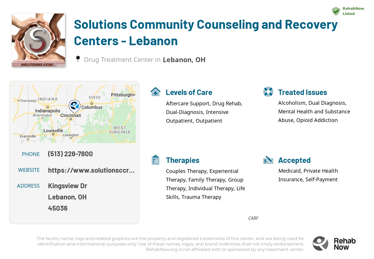 Helpful reference information for Solutions Community Counseling and Recovery Centers - Lebanon, a drug treatment center in Ohio located at: Kingsview Dr, Lebanon, OH 45036, including phone numbers, official website, and more. Listed briefly is an overview of Levels of Care, Therapies Offered, Issues Treated, and accepted forms of Payment Methods.