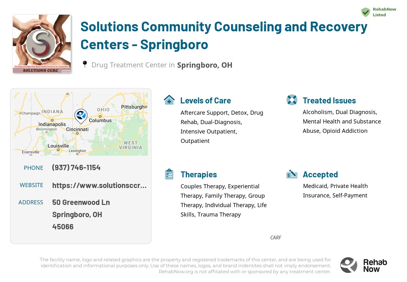 Helpful reference information for Solutions Community Counseling and Recovery Centers - Springboro, a drug treatment center in Ohio located at: 50 Greenwood Ln, Springboro, OH 45066, including phone numbers, official website, and more. Listed briefly is an overview of Levels of Care, Therapies Offered, Issues Treated, and accepted forms of Payment Methods.