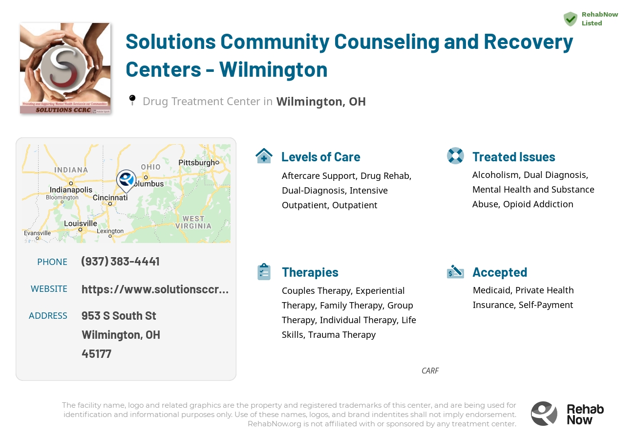 Helpful reference information for Solutions Community Counseling and Recovery Centers - Wilmington, a drug treatment center in Ohio located at: 953 S South St, Wilmington, OH 45177, including phone numbers, official website, and more. Listed briefly is an overview of Levels of Care, Therapies Offered, Issues Treated, and accepted forms of Payment Methods.