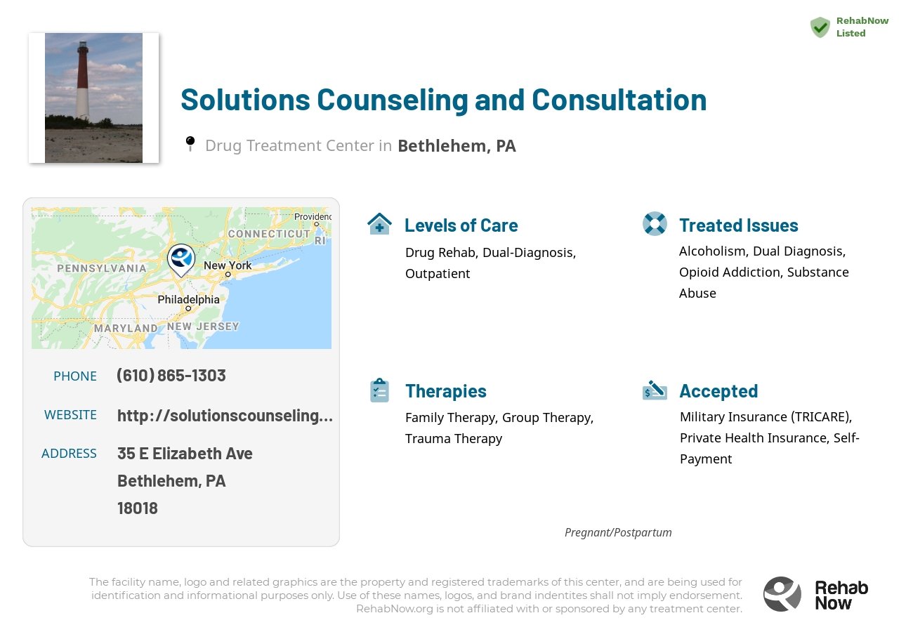 Helpful reference information for Solutions Counseling and Consultation, a drug treatment center in Pennsylvania located at: 35 E Elizabeth Ave, Bethlehem, PA 18018, including phone numbers, official website, and more. Listed briefly is an overview of Levels of Care, Therapies Offered, Issues Treated, and accepted forms of Payment Methods.