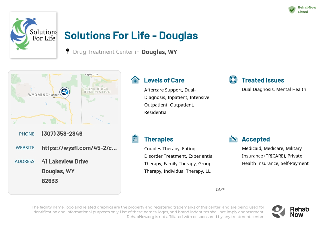 Helpful reference information for Solutions For Life - Douglas, a drug treatment center in Wyoming located at: 41 41 Lakeview Drive, Douglas, WY 82633, including phone numbers, official website, and more. Listed briefly is an overview of Levels of Care, Therapies Offered, Issues Treated, and accepted forms of Payment Methods.