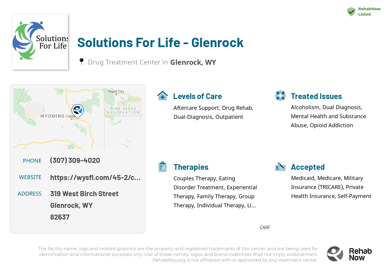Helpful reference information for Solutions For Life - Glenrock, a drug treatment center in Wyoming located at: 319 319 West Birch Street, Glenrock, WY 82637, including phone numbers, official website, and more. Listed briefly is an overview of Levels of Care, Therapies Offered, Issues Treated, and accepted forms of Payment Methods.