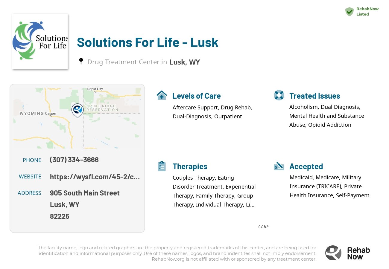 Helpful reference information for Solutions For Life - Lusk, a drug treatment center in Wyoming located at: 905 905 South Main Street, Lusk, WY 82225, including phone numbers, official website, and more. Listed briefly is an overview of Levels of Care, Therapies Offered, Issues Treated, and accepted forms of Payment Methods.
