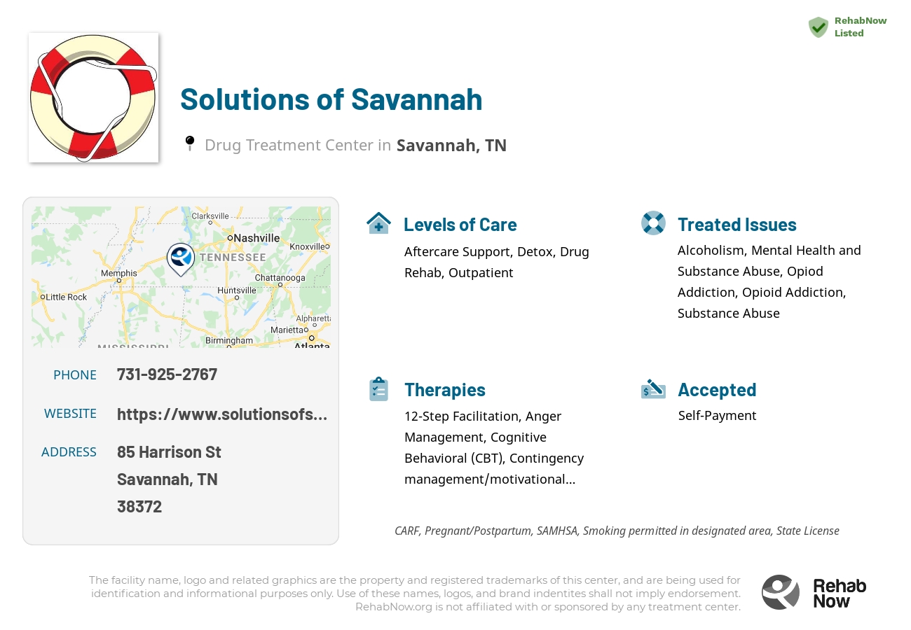 Helpful reference information for Solutions of Savannah, a drug treatment center in Tennessee located at: 85 Harrison St, Savannah, TN 38372, including phone numbers, official website, and more. Listed briefly is an overview of Levels of Care, Therapies Offered, Issues Treated, and accepted forms of Payment Methods.