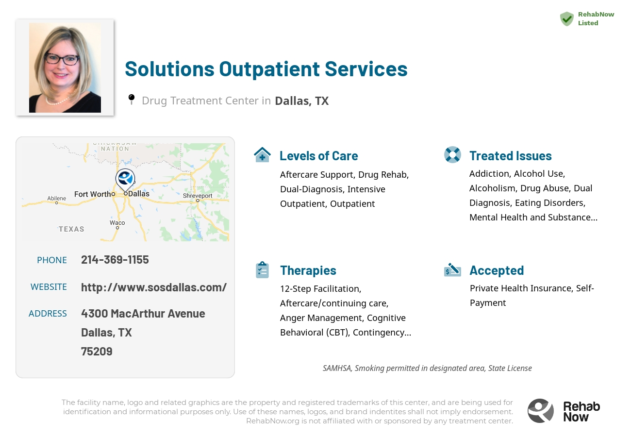 Helpful reference information for Solutions Outpatient Services, a drug treatment center in Texas located at: 4300 MacArthur Avenue, Dallas, TX, 75209, including phone numbers, official website, and more. Listed briefly is an overview of Levels of Care, Therapies Offered, Issues Treated, and accepted forms of Payment Methods.
