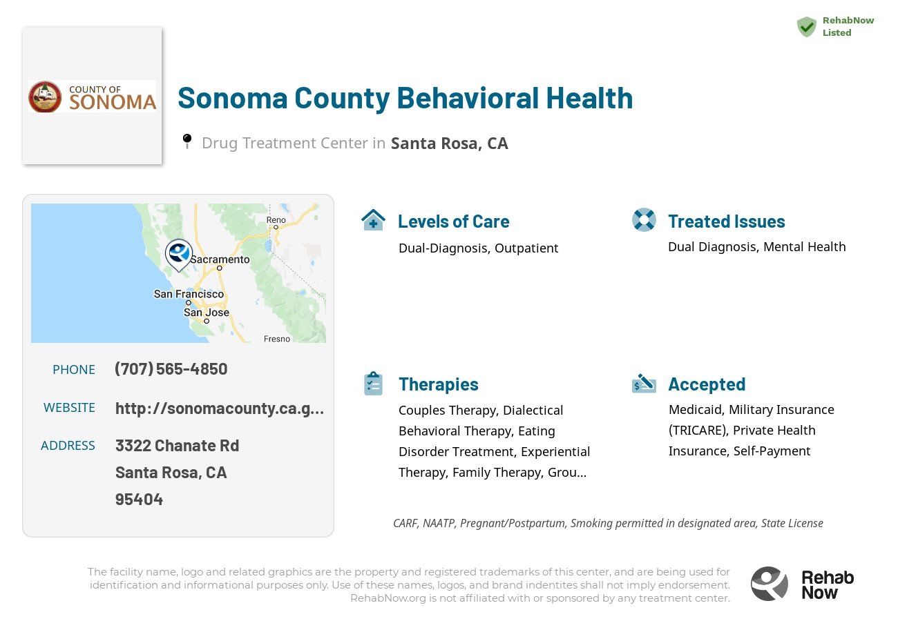 Helpful reference information for Sonoma County Behavioral Health, a drug treatment center in California located at: 3322 Chanate Rd, Santa Rosa, CA 95404, including phone numbers, official website, and more. Listed briefly is an overview of Levels of Care, Therapies Offered, Issues Treated, and accepted forms of Payment Methods.