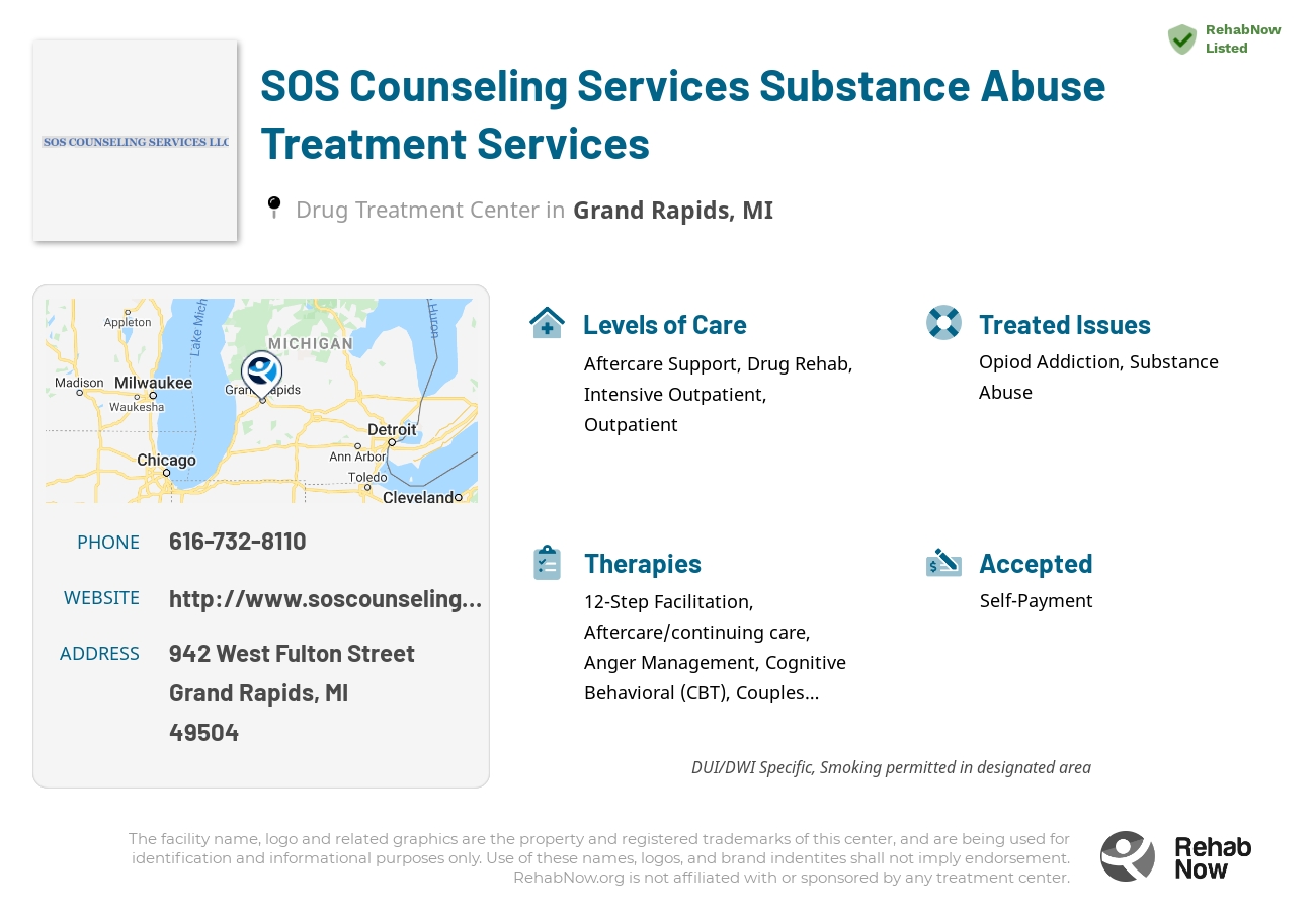 Helpful reference information for SOS Counseling Services Substance Abuse Treatment Services, a drug treatment center in Michigan located at: 942 West Fulton Street, Grand Rapids, MI 49504, including phone numbers, official website, and more. Listed briefly is an overview of Levels of Care, Therapies Offered, Issues Treated, and accepted forms of Payment Methods.