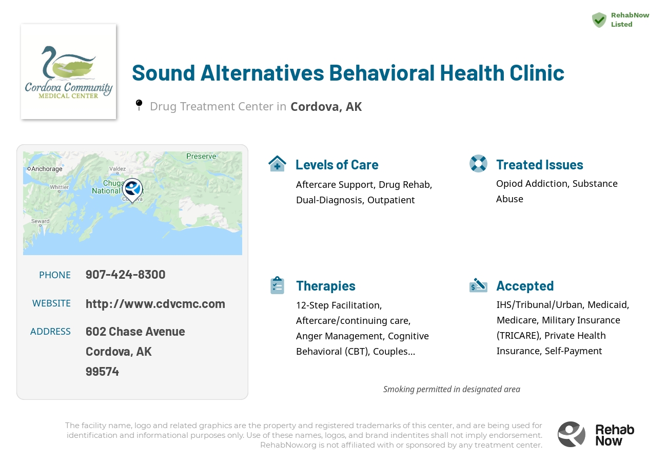 Helpful reference information for Sound Alternatives Behavioral Health Clinic, a drug treatment center in Alaska located at: 602 Chase Avenue, Cordova, AK 99574, including phone numbers, official website, and more. Listed briefly is an overview of Levels of Care, Therapies Offered, Issues Treated, and accepted forms of Payment Methods.
