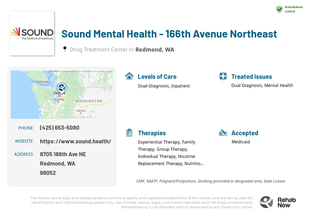 Helpful reference information for Sound Mental Health - 166th Avenue Northeast, a drug treatment center in Washington located at: 8705 166th Ave NE, Redmond, WA 98052, including phone numbers, official website, and more. Listed briefly is an overview of Levels of Care, Therapies Offered, Issues Treated, and accepted forms of Payment Methods.
