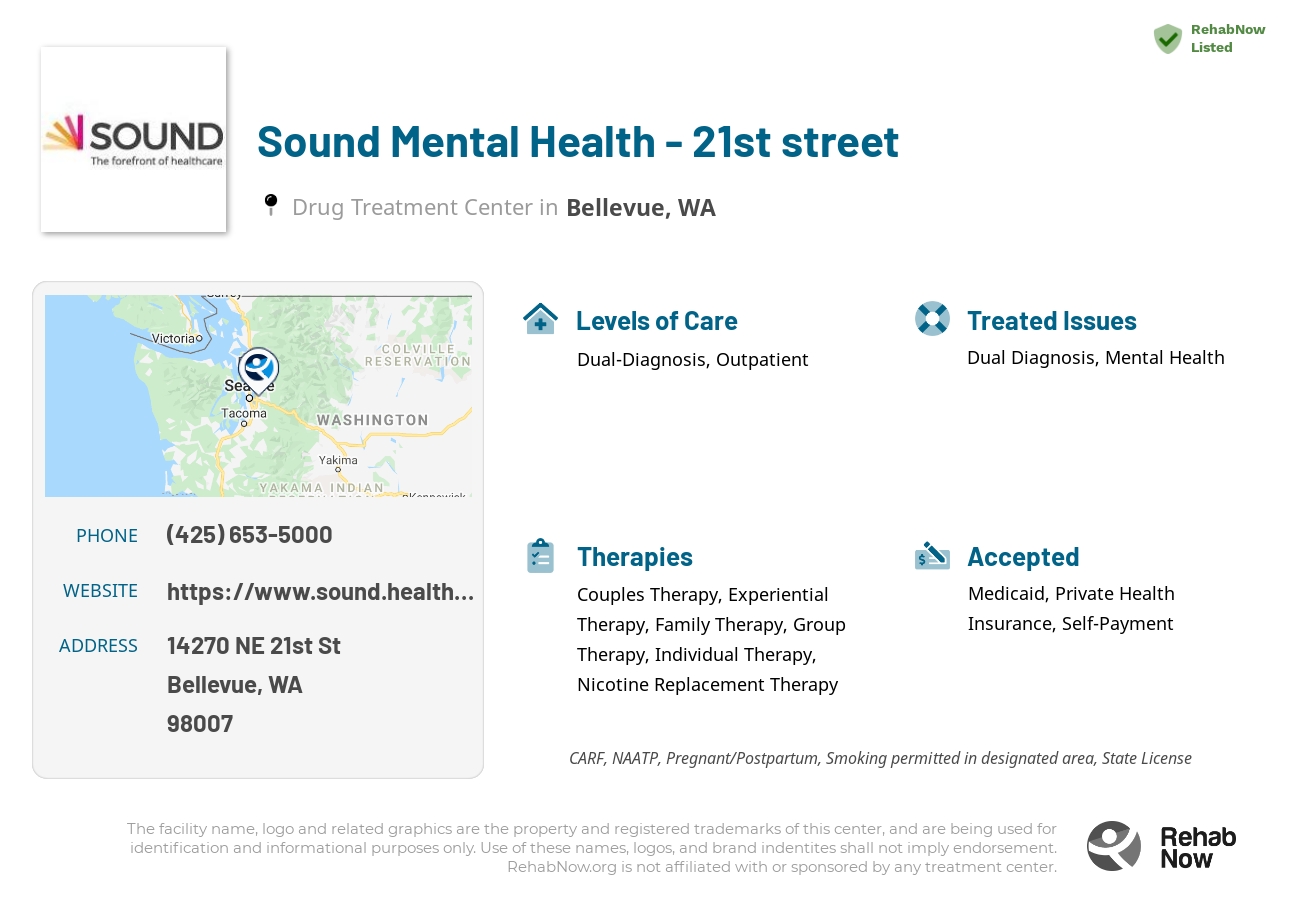 Helpful reference information for Sound Mental Health - 21st street, a drug treatment center in Washington located at: 14270 NE 21st St, Bellevue, WA 98007, including phone numbers, official website, and more. Listed briefly is an overview of Levels of Care, Therapies Offered, Issues Treated, and accepted forms of Payment Methods.