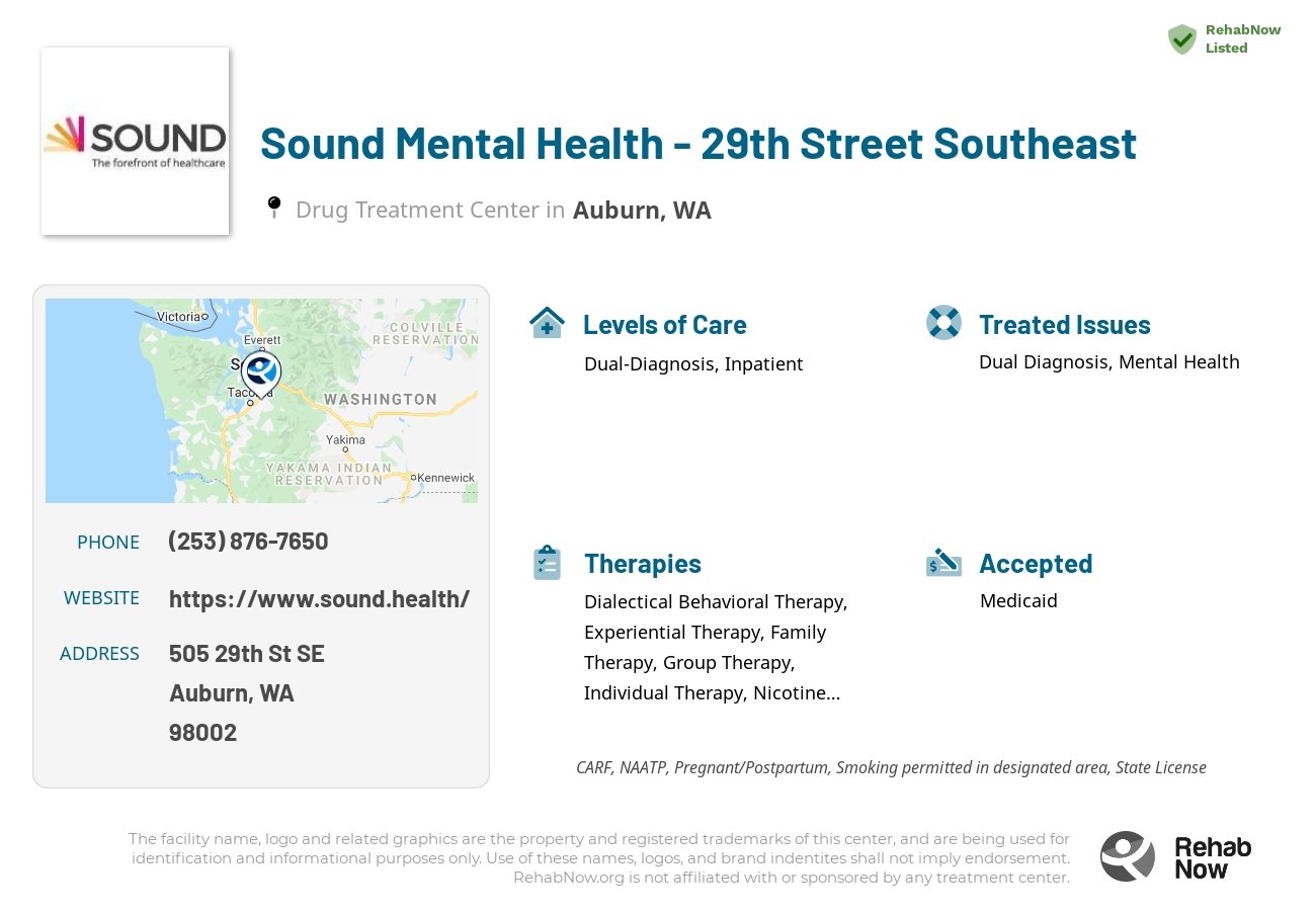 Helpful reference information for Sound Mental Health - 29th Street Southeast, a drug treatment center in Washington located at: 505 29th St SE, Auburn, WA 98002, including phone numbers, official website, and more. Listed briefly is an overview of Levels of Care, Therapies Offered, Issues Treated, and accepted forms of Payment Methods.