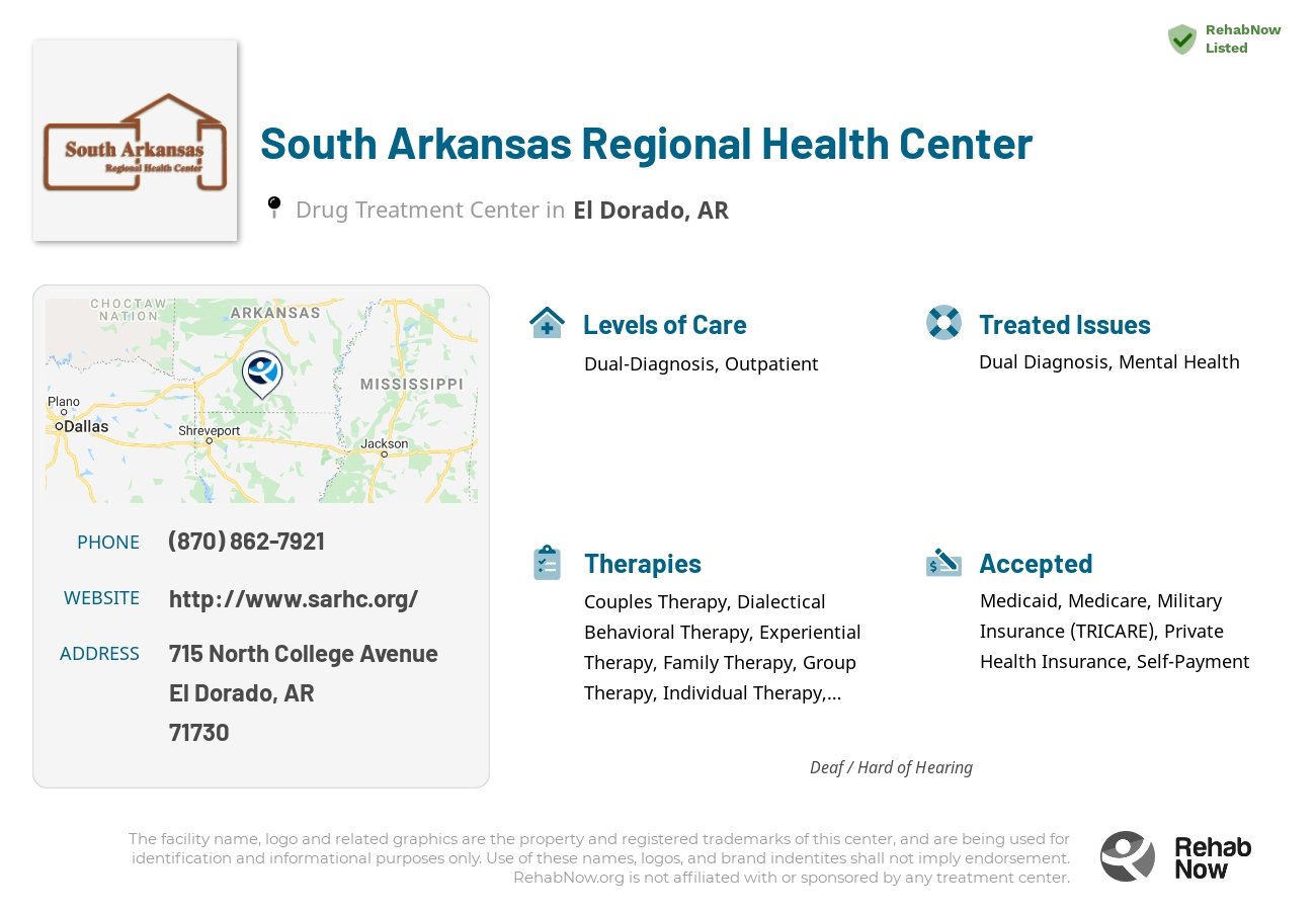 Helpful reference information for South Arkansas Regional Health Center, a drug treatment center in Arkansas located at: 715 North College Avenue, El Dorado, AR, 71730, including phone numbers, official website, and more. Listed briefly is an overview of Levels of Care, Therapies Offered, Issues Treated, and accepted forms of Payment Methods.