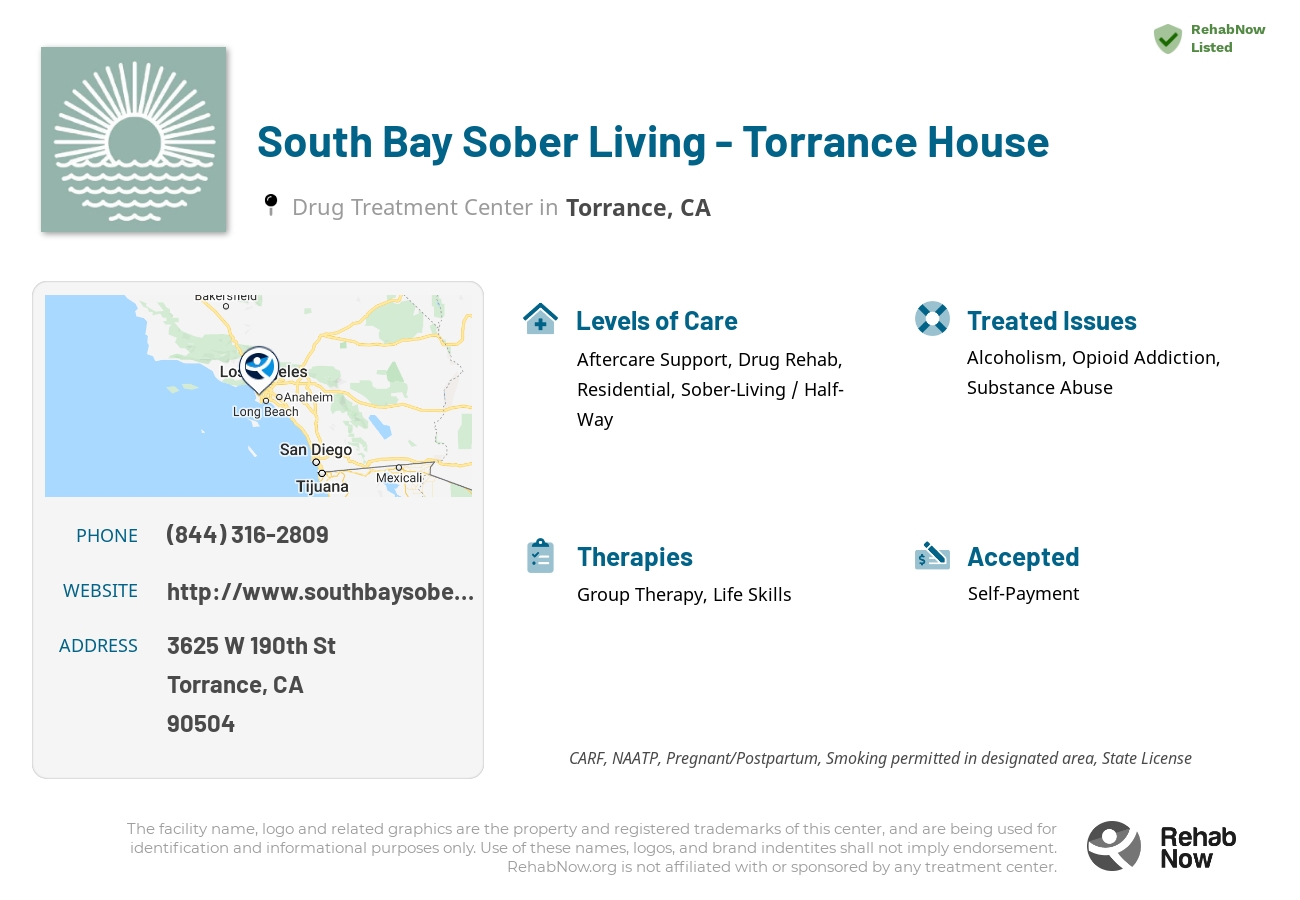 Helpful reference information for South Bay Sober Living - Torrance House, a drug treatment center in California located at: 3625 W 190th St, Torrance, CA 90504, including phone numbers, official website, and more. Listed briefly is an overview of Levels of Care, Therapies Offered, Issues Treated, and accepted forms of Payment Methods.