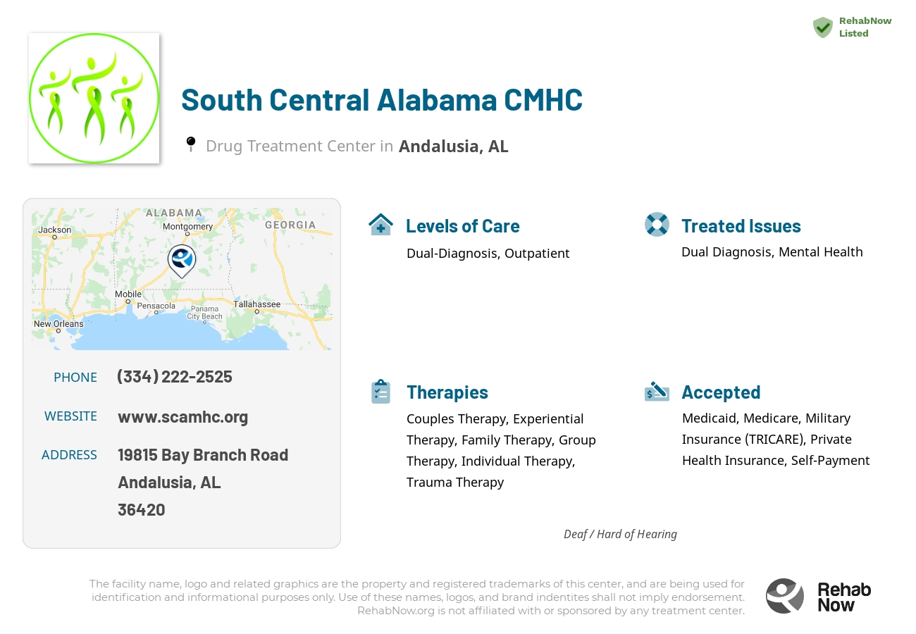 Helpful reference information for South Central Alabama CMHC, a drug treatment center in Alabama located at: 19815 Bay Branch Road, Andalusia, AL, 36420, including phone numbers, official website, and more. Listed briefly is an overview of Levels of Care, Therapies Offered, Issues Treated, and accepted forms of Payment Methods.