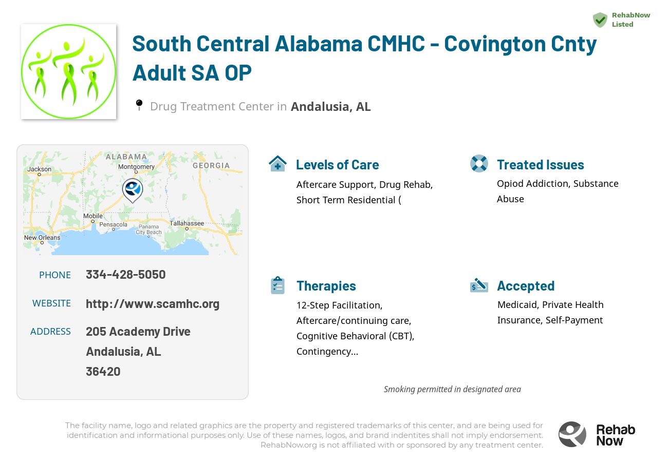 Helpful reference information for South Central Alabama CMHC - Covington Cnty Adult SA OP, a drug treatment center in Alabama located at: 205 Academy Drive, Andalusia, AL 36420, including phone numbers, official website, and more. Listed briefly is an overview of Levels of Care, Therapies Offered, Issues Treated, and accepted forms of Payment Methods.