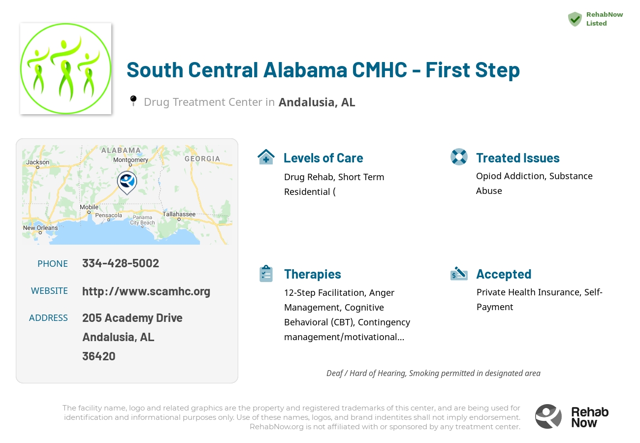 Helpful reference information for South Central Alabama CMHC - First Step, a drug treatment center in Alabama located at: 205 Academy Drive, Andalusia, AL 36420, including phone numbers, official website, and more. Listed briefly is an overview of Levels of Care, Therapies Offered, Issues Treated, and accepted forms of Payment Methods.