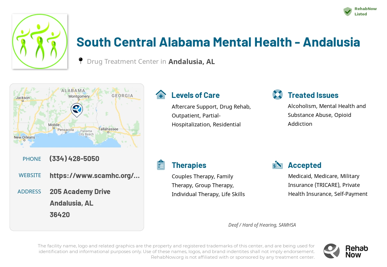Helpful reference information for South Central Alabama Mental Health - Andalusia, a drug treatment center in Alabama located at: 205 Academy Drive, Andalusia, AL, 36420, including phone numbers, official website, and more. Listed briefly is an overview of Levels of Care, Therapies Offered, Issues Treated, and accepted forms of Payment Methods.