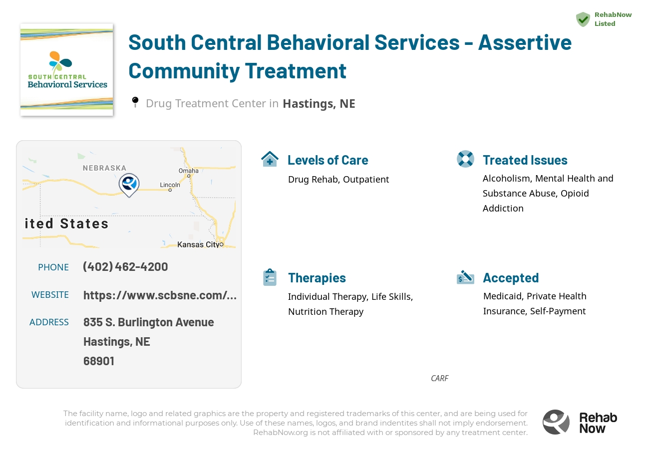 Helpful reference information for South Central Behavioral Services - Assertive Community Treatment, a drug treatment center in Nebraska located at: 835 835 S. Burlington Avenue, Hastings, NE 68901, including phone numbers, official website, and more. Listed briefly is an overview of Levels of Care, Therapies Offered, Issues Treated, and accepted forms of Payment Methods.