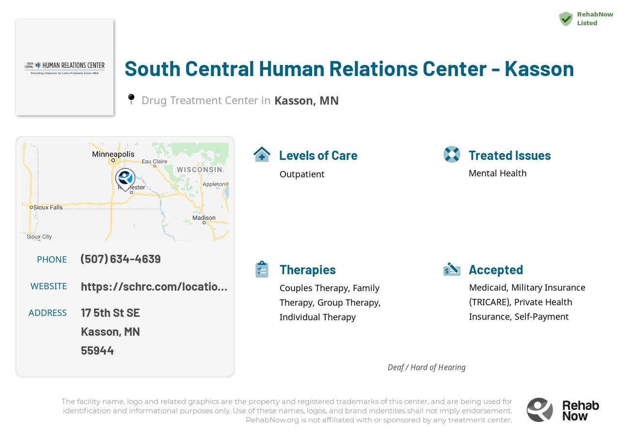 Helpful reference information for South Central Human Relations Center - Kasson, a drug treatment center in Minnesota located at: 17 5th St SE, Kasson, MN 55944, including phone numbers, official website, and more. Listed briefly is an overview of Levels of Care, Therapies Offered, Issues Treated, and accepted forms of Payment Methods.