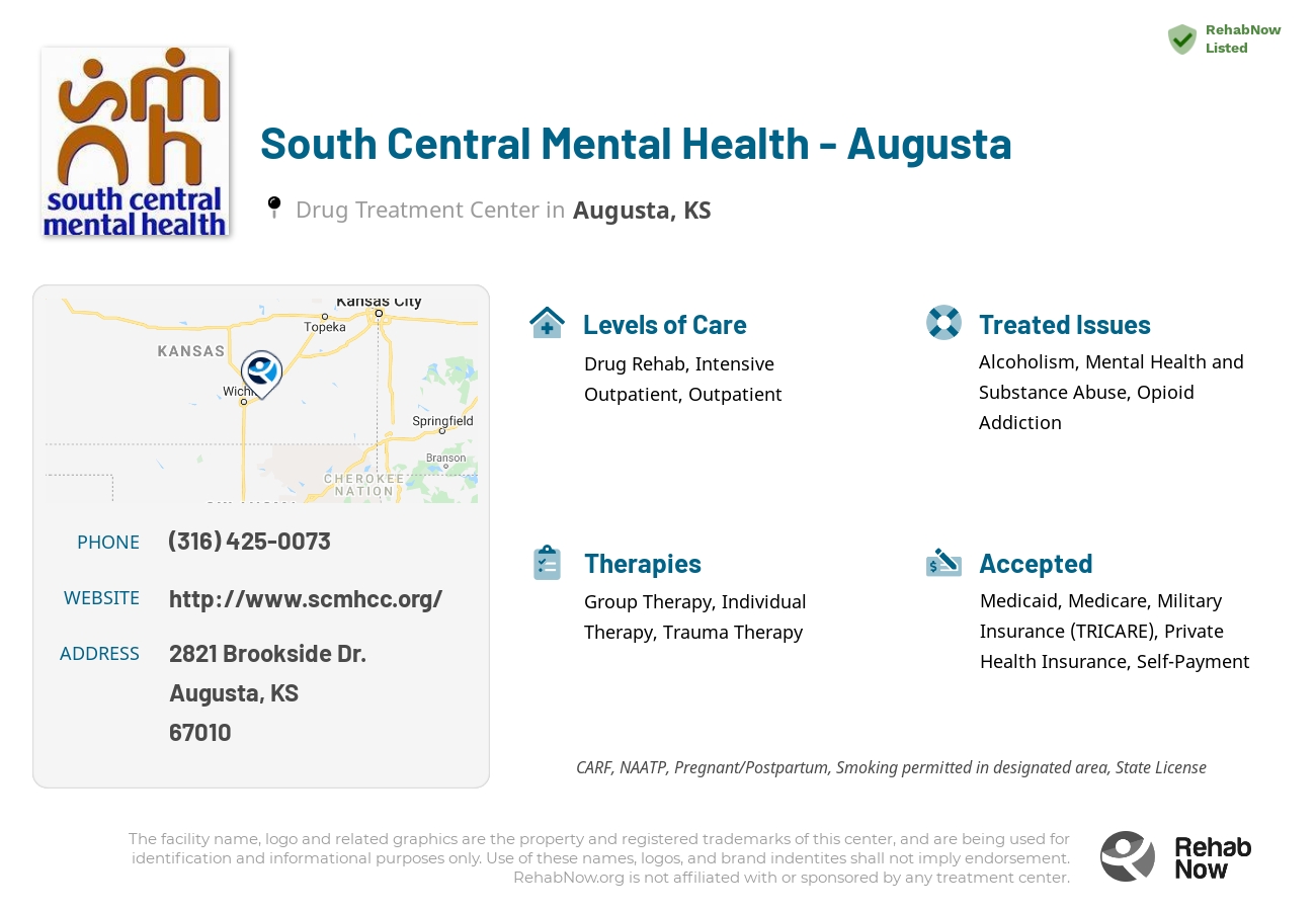 Helpful reference information for South Central Mental Health - Augusta, a drug treatment center in Kansas located at: 2821 Brookside Dr., Augusta, KS, 67010, including phone numbers, official website, and more. Listed briefly is an overview of Levels of Care, Therapies Offered, Issues Treated, and accepted forms of Payment Methods.