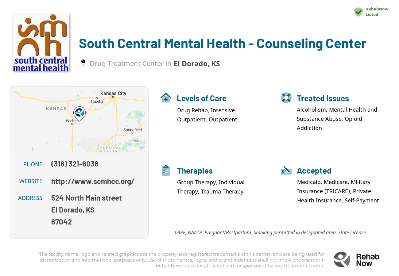 Helpful reference information for South Central Mental Health - Counseling Center, a drug treatment center in Kansas located at: 524 524 North Main street, El Dorado, KS 67042, including phone numbers, official website, and more. Listed briefly is an overview of Levels of Care, Therapies Offered, Issues Treated, and accepted forms of Payment Methods.