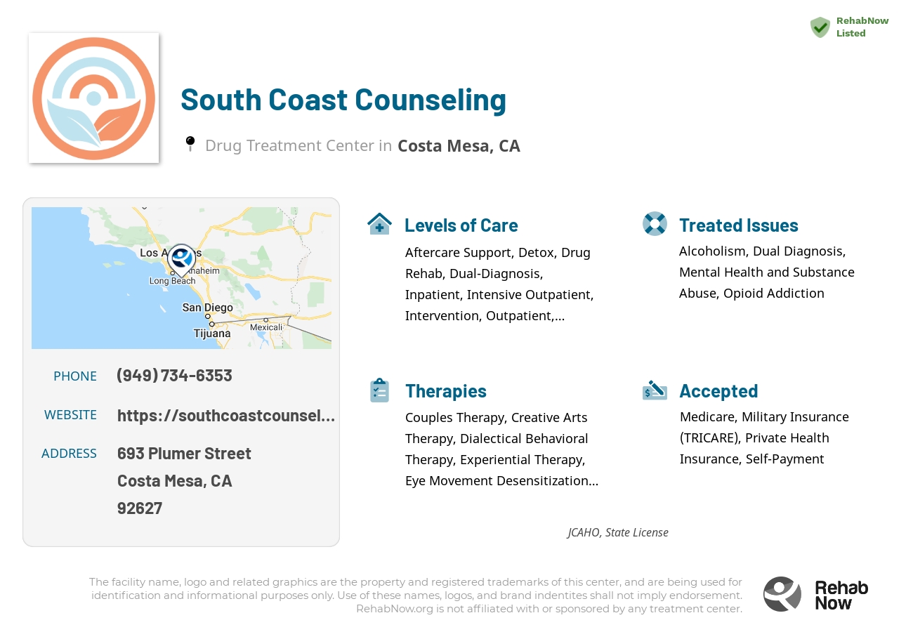 Helpful reference information for South Coast Counseling, a drug treatment center in California located at: 693 Plumer Street, Costa Mesa, CA, 92627, including phone numbers, official website, and more. Listed briefly is an overview of Levels of Care, Therapies Offered, Issues Treated, and accepted forms of Payment Methods.