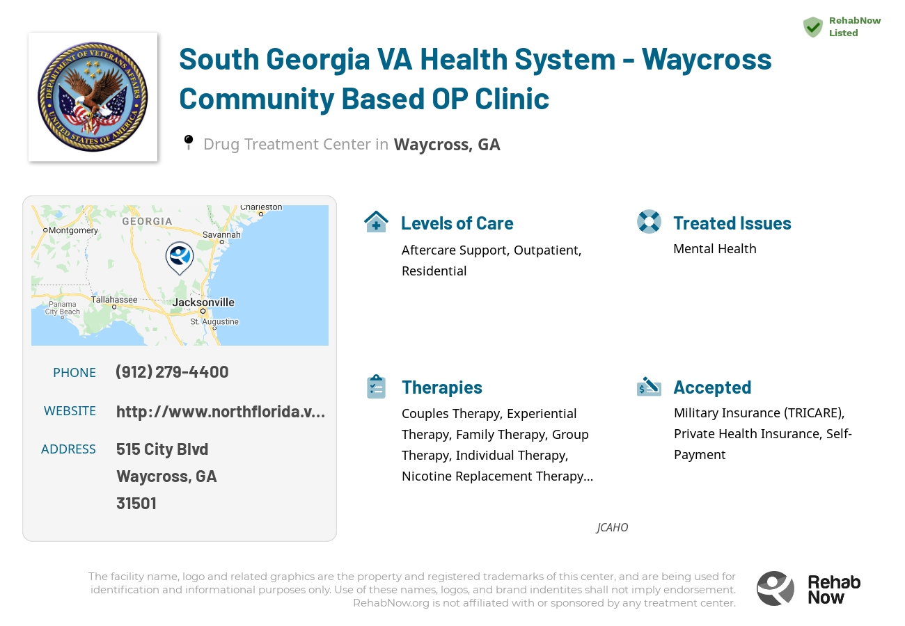 Helpful reference information for South Georgia VA Health System - Waycross Community Based OP Clinic, a drug treatment center in Georgia located at: 515 City Blvd, Waycross, GA 31501, including phone numbers, official website, and more. Listed briefly is an overview of Levels of Care, Therapies Offered, Issues Treated, and accepted forms of Payment Methods.