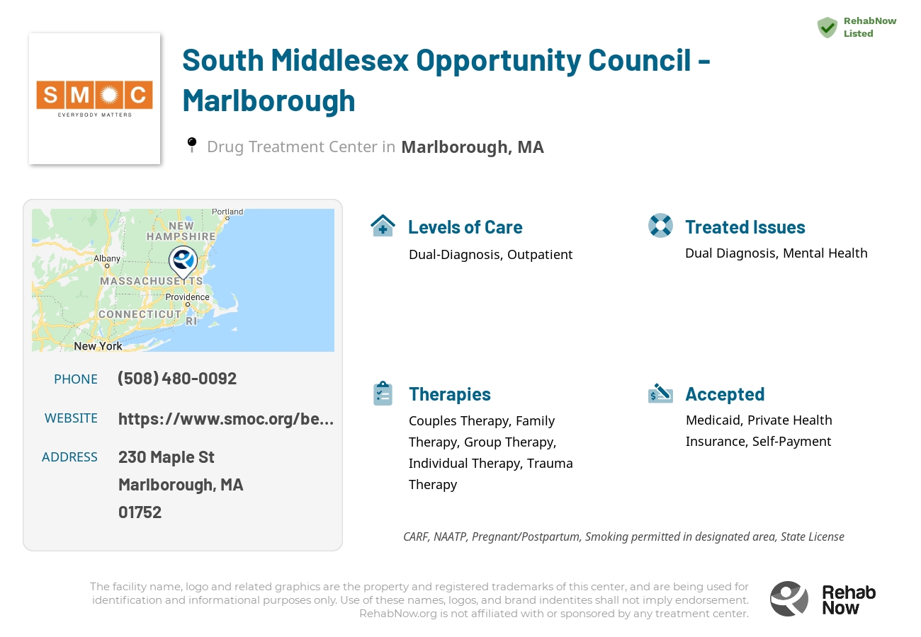 Helpful reference information for South Middlesex Opportunity Council - Marlborough, a drug treatment center in Massachusetts located at: 230 Maple St, Marlborough, MA 01752, including phone numbers, official website, and more. Listed briefly is an overview of Levels of Care, Therapies Offered, Issues Treated, and accepted forms of Payment Methods.