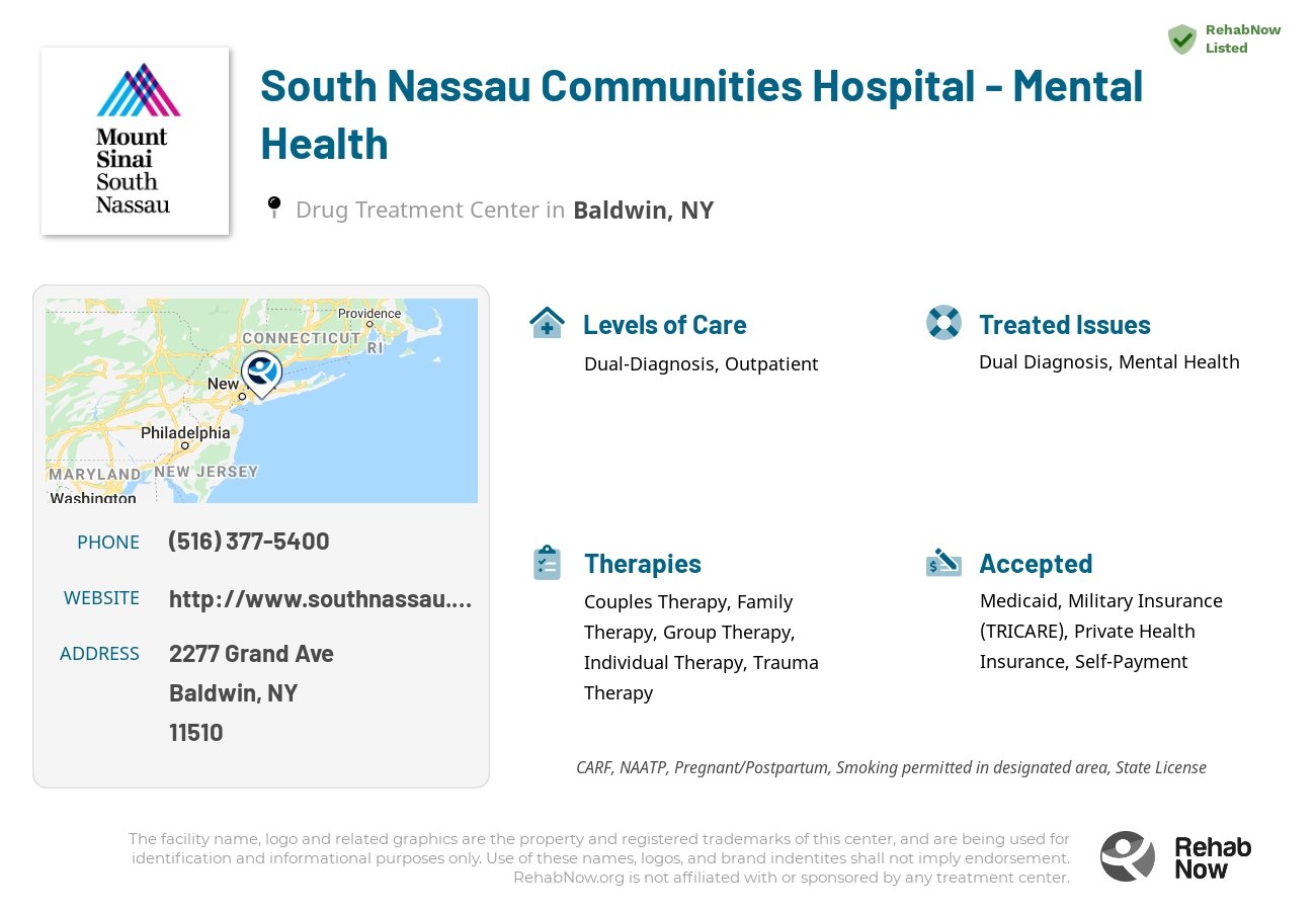 Helpful reference information for South Nassau Communities Hospital - Mental Health, a drug treatment center in New York located at: 2277 Grand Ave, Baldwin, NY 11510, including phone numbers, official website, and more. Listed briefly is an overview of Levels of Care, Therapies Offered, Issues Treated, and accepted forms of Payment Methods.