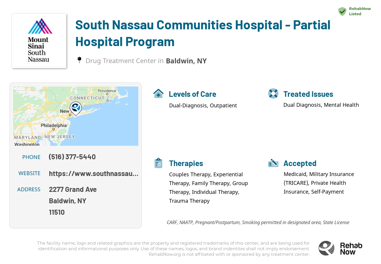 Helpful reference information for South Nassau Communities Hospital - Partial Hospital Program, a drug treatment center in New York located at: 2277 Grand Ave, Baldwin, NY 11510, including phone numbers, official website, and more. Listed briefly is an overview of Levels of Care, Therapies Offered, Issues Treated, and accepted forms of Payment Methods.