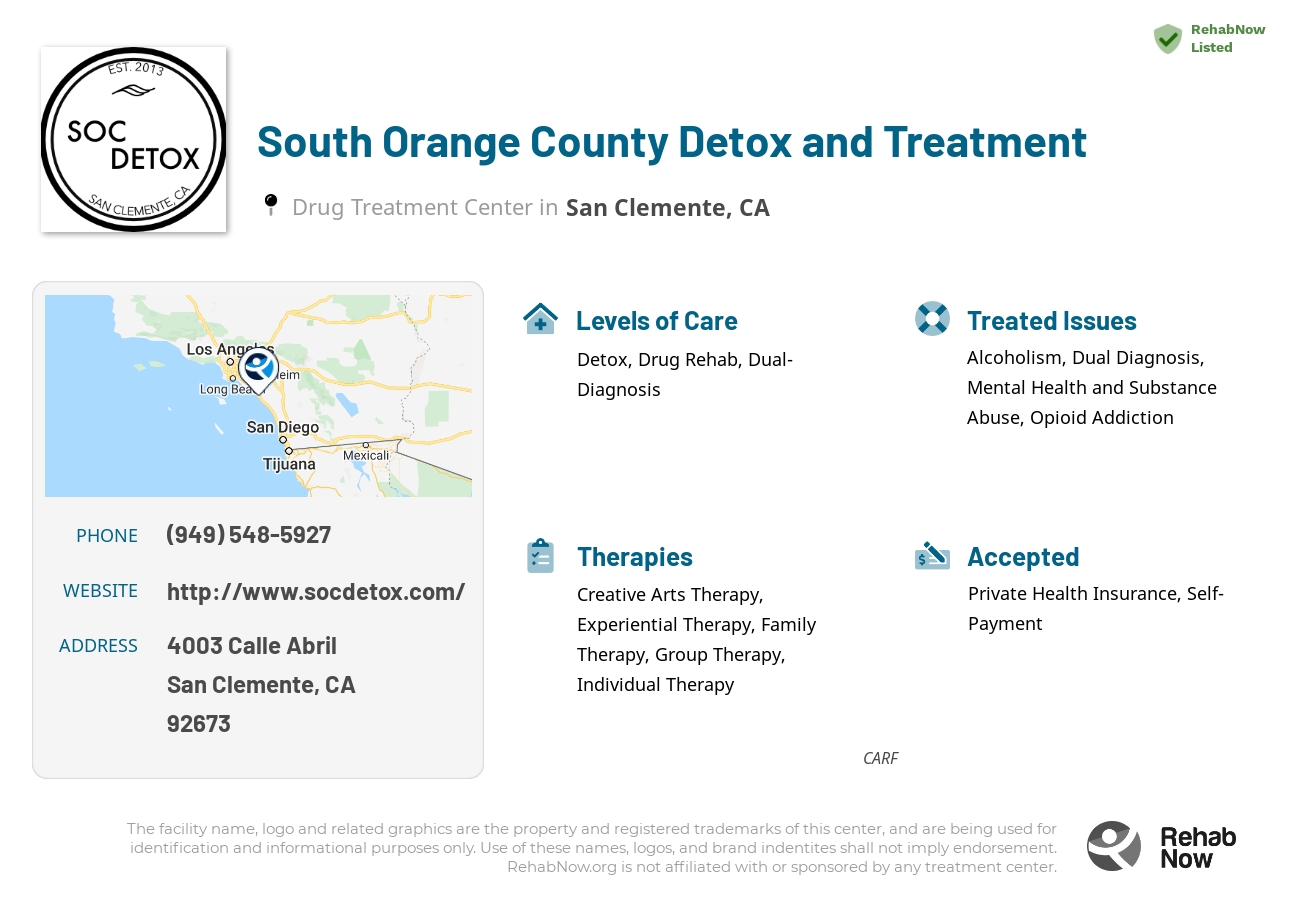 Helpful reference information for South Orange County Detox and Treatment, a drug treatment center in California located at: 4003 Calle Abril, San Clemente, CA 92673, including phone numbers, official website, and more. Listed briefly is an overview of Levels of Care, Therapies Offered, Issues Treated, and accepted forms of Payment Methods.
