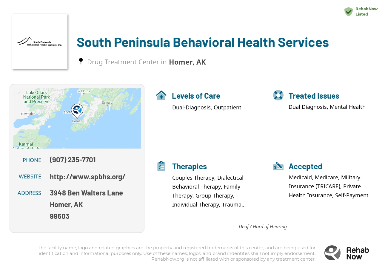 Helpful reference information for South Peninsula Behavioral Health Services, a drug treatment center in Alaska located at: 3948 Ben Walters Lane, Homer, AK, 99603, including phone numbers, official website, and more. Listed briefly is an overview of Levels of Care, Therapies Offered, Issues Treated, and accepted forms of Payment Methods.