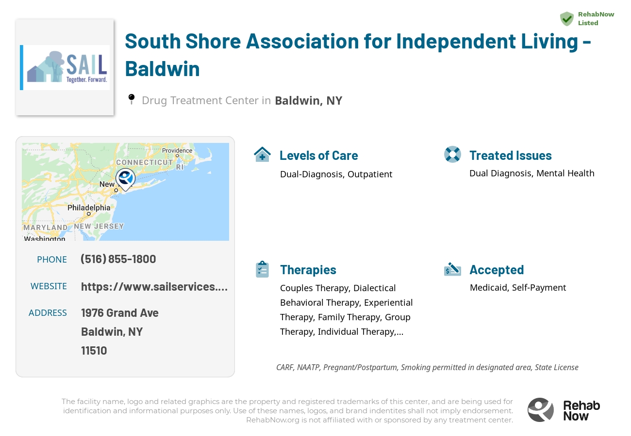 Helpful reference information for South Shore Association for Independent Living - Baldwin, a drug treatment center in New York located at: 1976 Grand Ave, Baldwin, NY 11510, including phone numbers, official website, and more. Listed briefly is an overview of Levels of Care, Therapies Offered, Issues Treated, and accepted forms of Payment Methods.