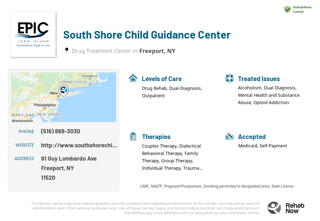 Helpful reference information for South Shore Child Guidance Center, a drug treatment center in New York located at: 91 Guy Lombardo Ave, Freeport, NY 11520, including phone numbers, official website, and more. Listed briefly is an overview of Levels of Care, Therapies Offered, Issues Treated, and accepted forms of Payment Methods.
