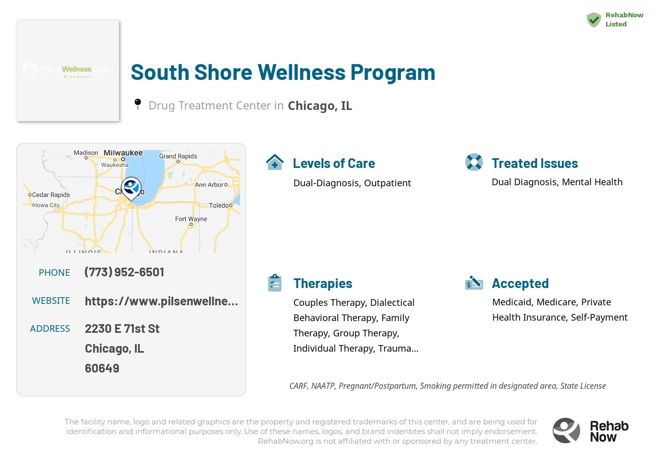 Helpful reference information for South Shore Wellness Program, a drug treatment center in Illinois located at: 2230 E 71st St, Chicago, IL 60649, including phone numbers, official website, and more. Listed briefly is an overview of Levels of Care, Therapies Offered, Issues Treated, and accepted forms of Payment Methods.