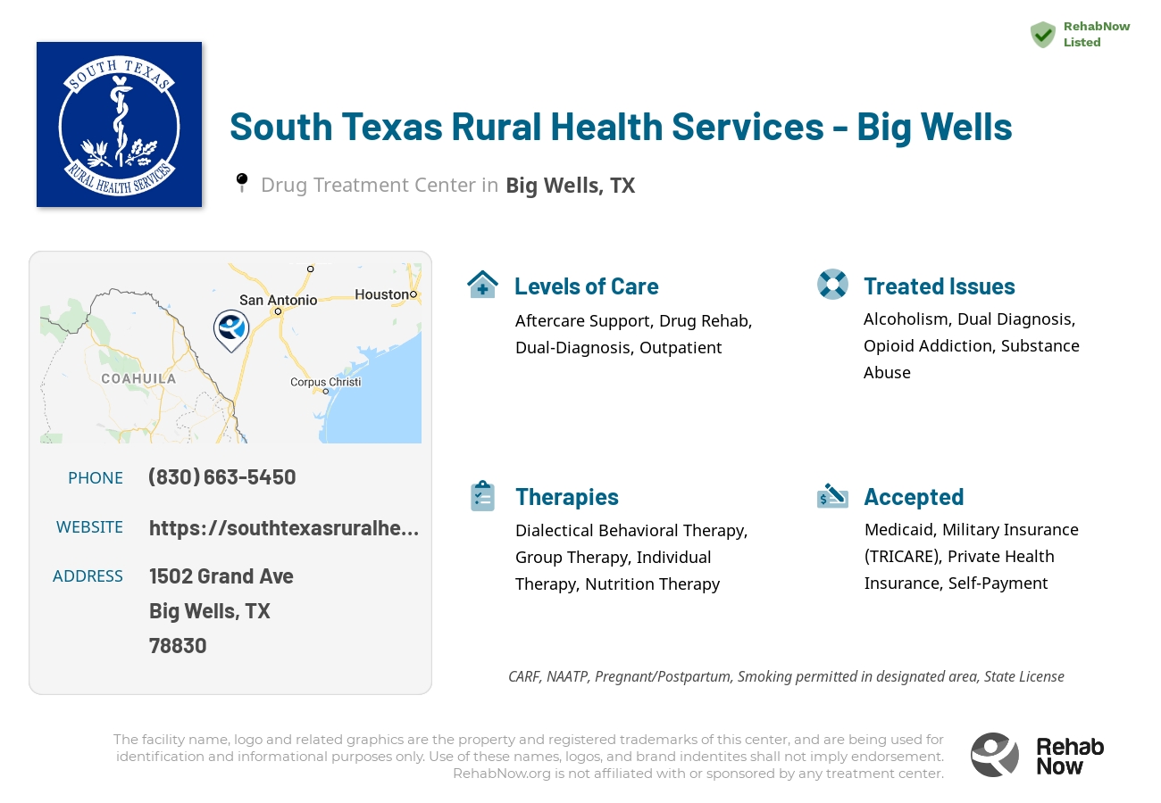 Helpful reference information for South Texas Rural Health Services  - Big Wells, a drug treatment center in Texas located at: 1502 Grand Ave, Big Wells, TX 78830, including phone numbers, official website, and more. Listed briefly is an overview of Levels of Care, Therapies Offered, Issues Treated, and accepted forms of Payment Methods.